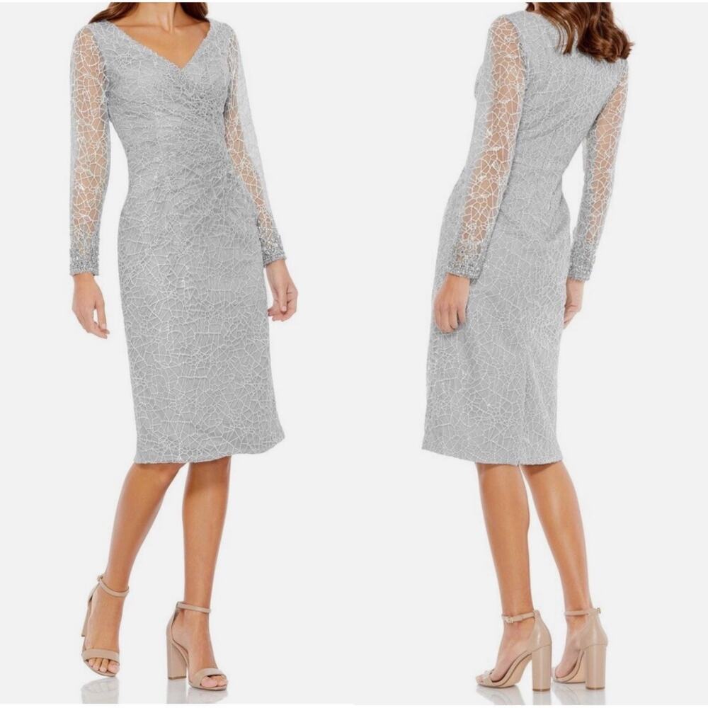 Mac Duggal Platinum Illusion Sleeve Beaded Lace Dress #12408 Sz 10 NWT